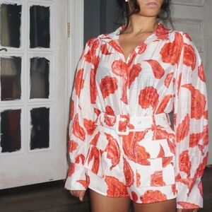 Red Aztec Print Oversized Balloon Sleeve Mock Neck Button-Down Top and Short Set